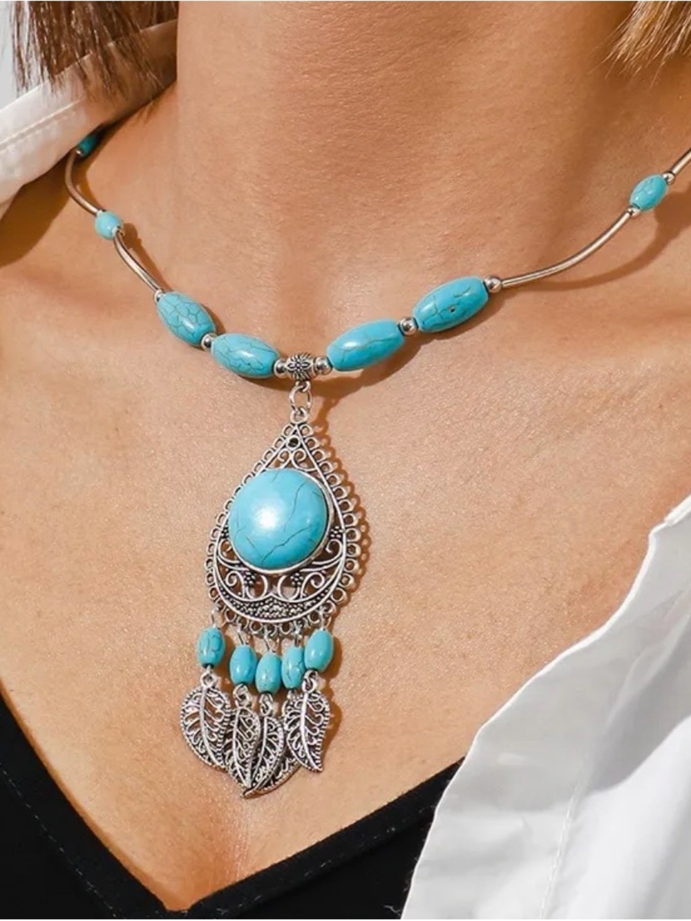 Turquoise Stone Silver Pendant Choker Necklace - Turquoise